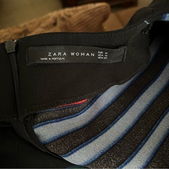 Zara Woman Blue Red Black Striped Short Sleeve Shift Dress Size M Preppy Classic - Picture 6 of 9